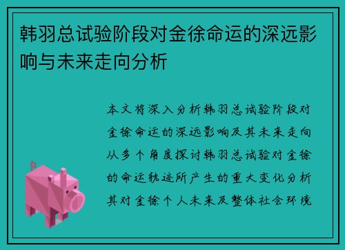 韩羽总试验阶段对金徐命运的深远影响与未来走向分析 韩羽总试验阶段对金徐命运的深远影响与未来走向分析